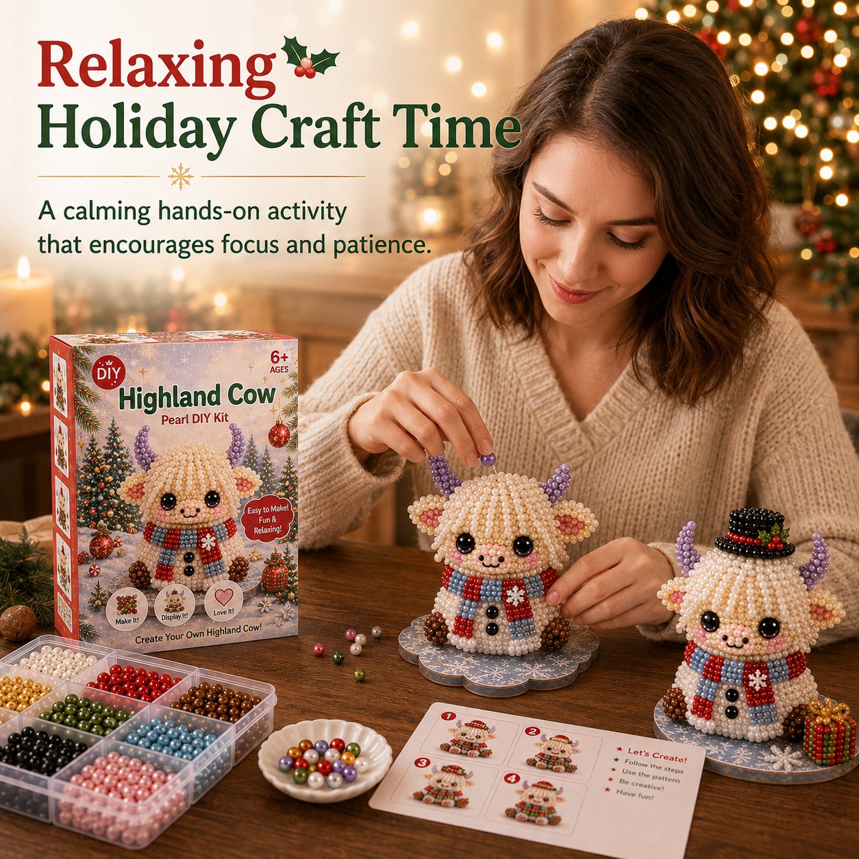 🔥Limited time 70% OFF -🎄🐮 Highland Cow 3D Pearl Bead DIY Kit – Beginner-Friendly Christmas Craft💕