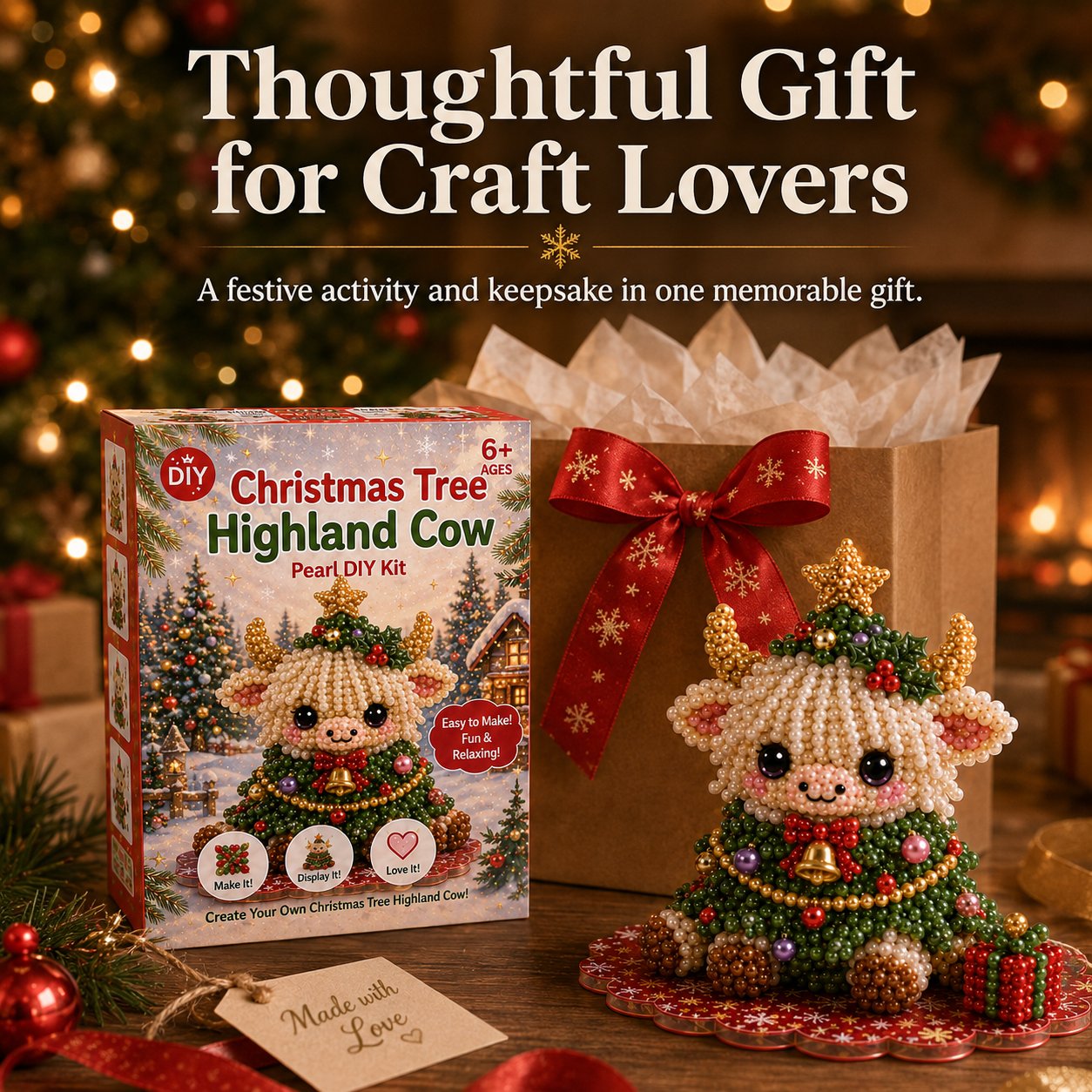 🔥Limited time 70% OFF -🎄🐮 Highland Cow 3D Pearl Bead DIY Kit – Beginner-Friendly Christmas Craft💕