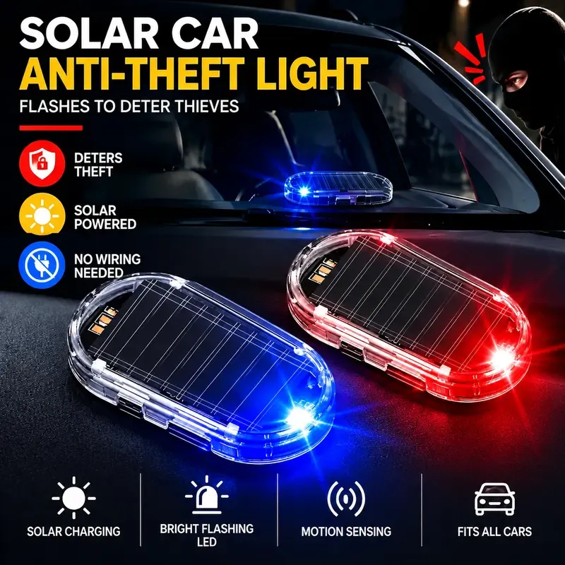 🔥 Limited Time 70% OFF – 🚨Solar Powered Fake Car Alarm Light, Auto Light Sensor LED Simulated Security Warning Flashing Light