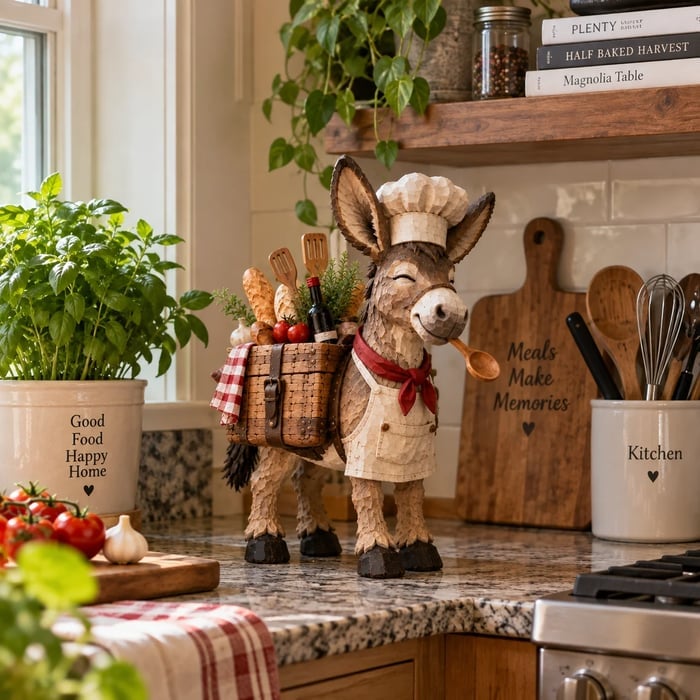 Detailed carved-style donkey chef figurine