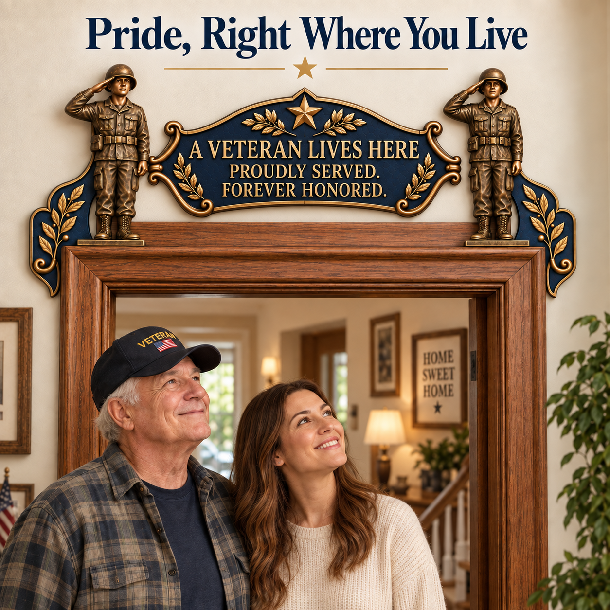 Antique bronze and navy veteran door frame tribute details