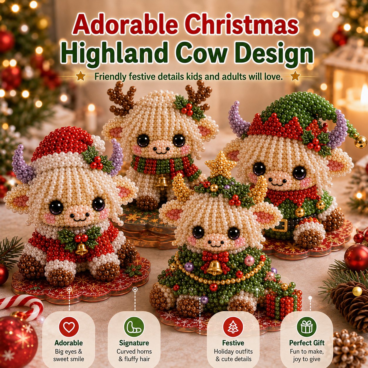 🔥Limited time 70% OFF -🎄🐮 Highland Cow 3D Pearl Bead DIY Kit – Beginner-Friendly Christmas Craft💕