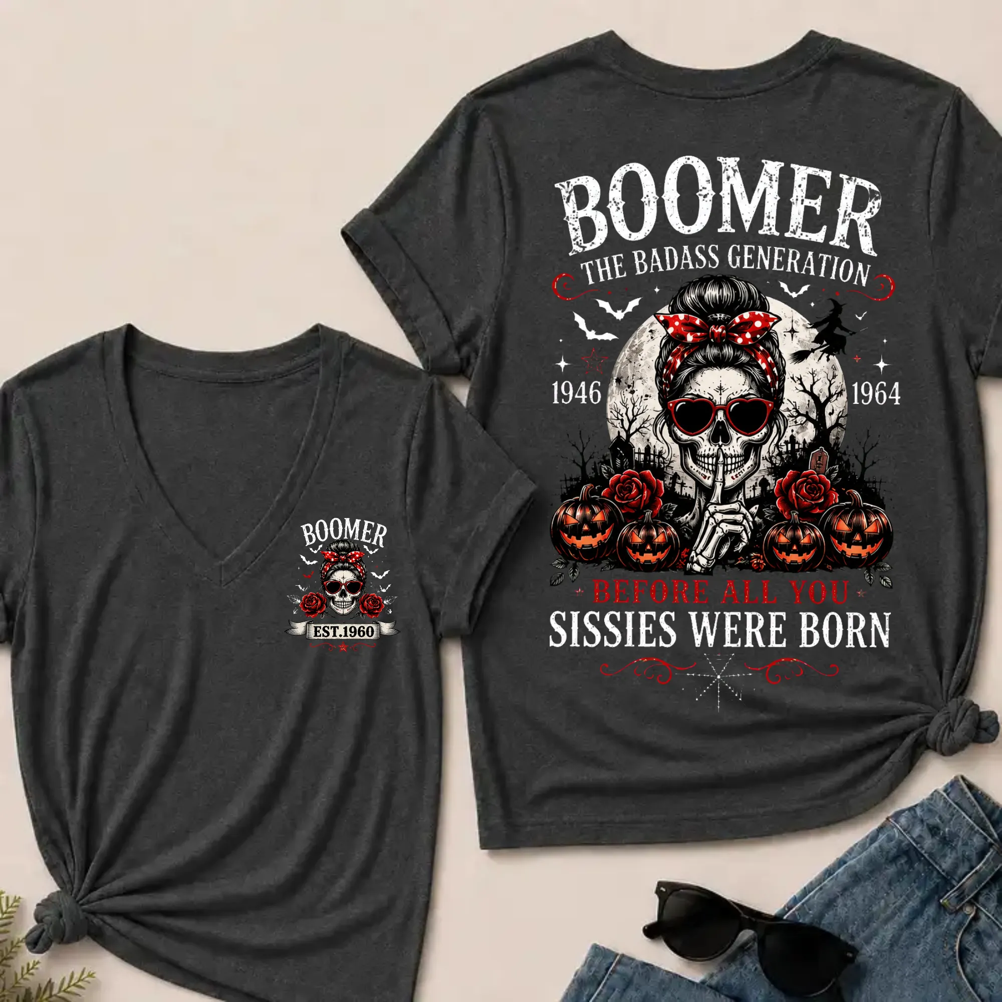 Happy Halloween Custom Your Boomer Year The Badass Generation – Before All You Sissies Were Born V-Neck Tee