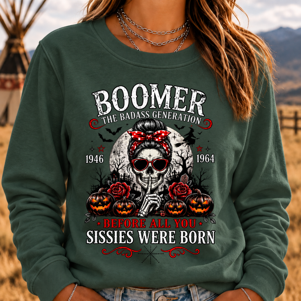 Boomer Badass Generation Halloween Crewneck Sweatshirt – 1946–1964 Skull & Pumpkin Graphic Pullover