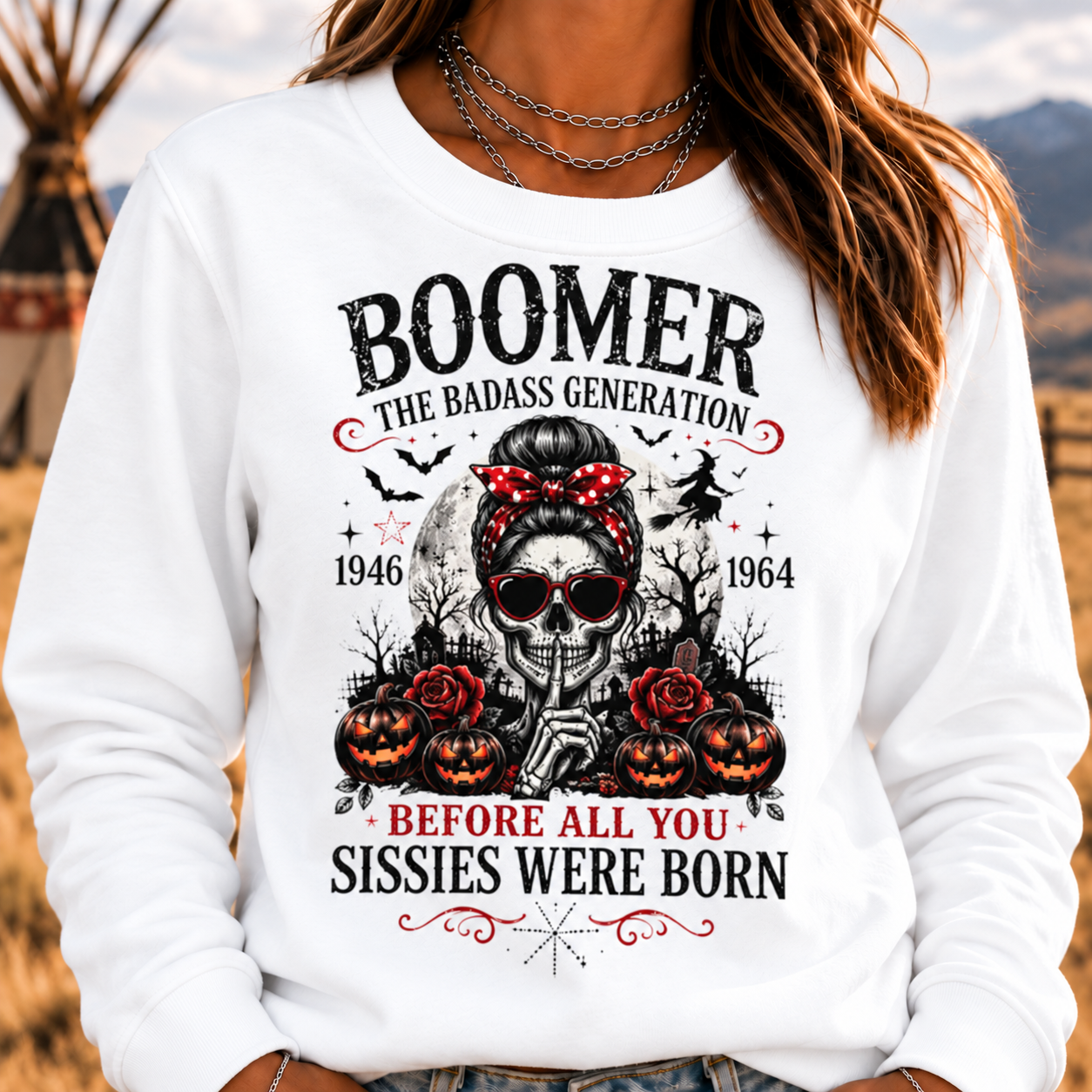 Boomer Badass Generation Halloween Crewneck Sweatshirt – 1946–1964 Skull & Pumpkin Graphic Pullover