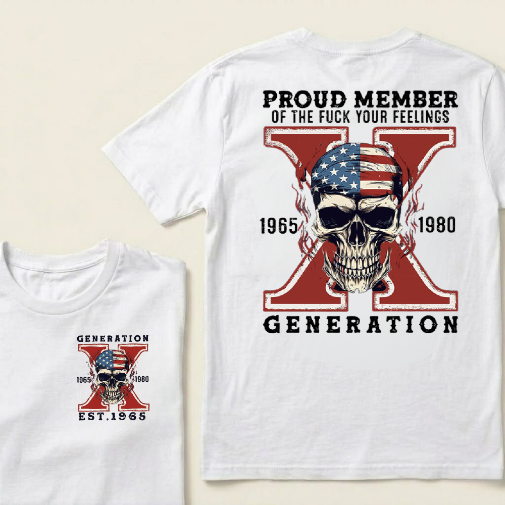 Personalized Gen X Birth Year T-Shirt – Proud Member Graphic Tee, Custom 1965–1980 Front & Back Print