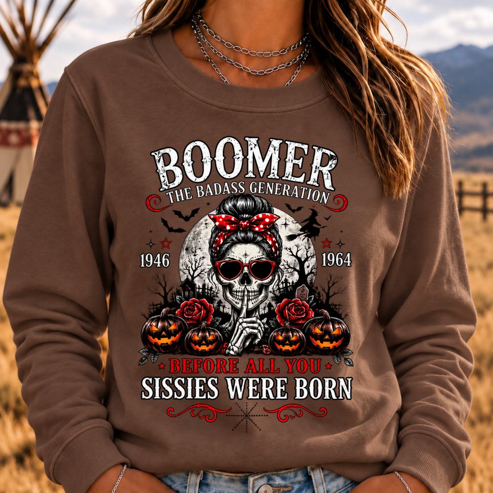 Boomer Badass Generation Halloween Crewneck Sweatshirt – 1946–1964 Skull & Pumpkin Graphic Pullover