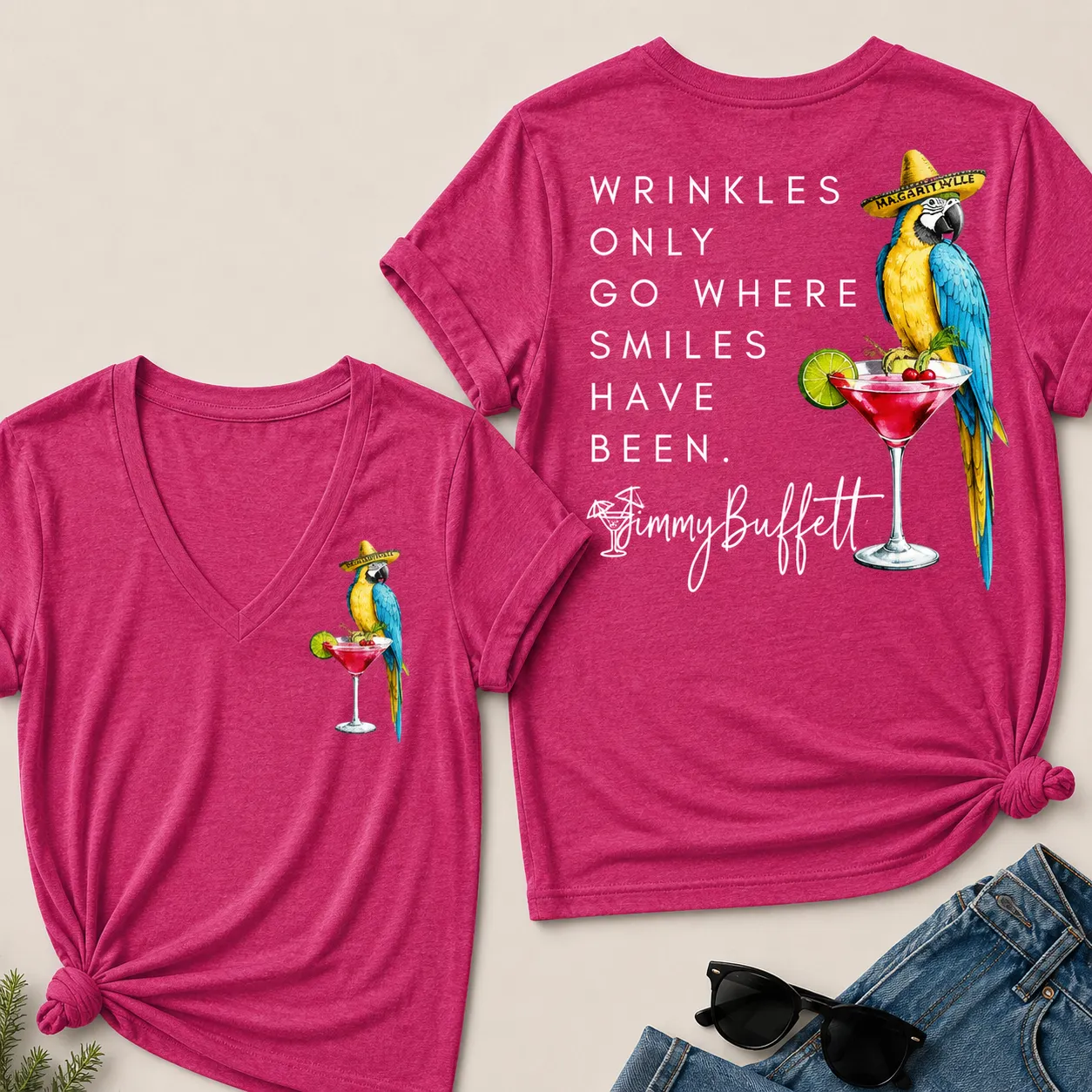 "Wrinkles Only Go Where Smiles Have Been" – Jimmy Buffett Tribute V-Neck Tee