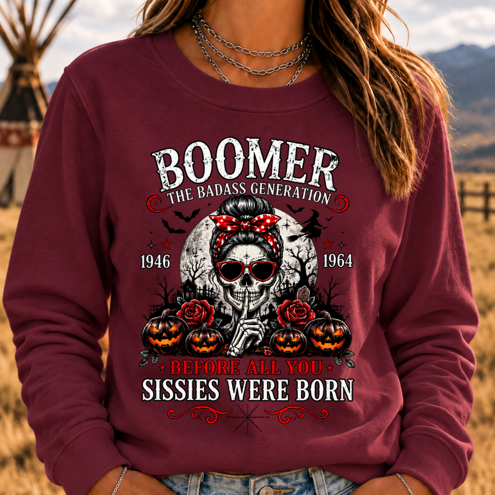 Boomer Badass Generation Halloween Crewneck Sweatshirt – 1946–1964 Skull & Pumpkin Graphic Pullover