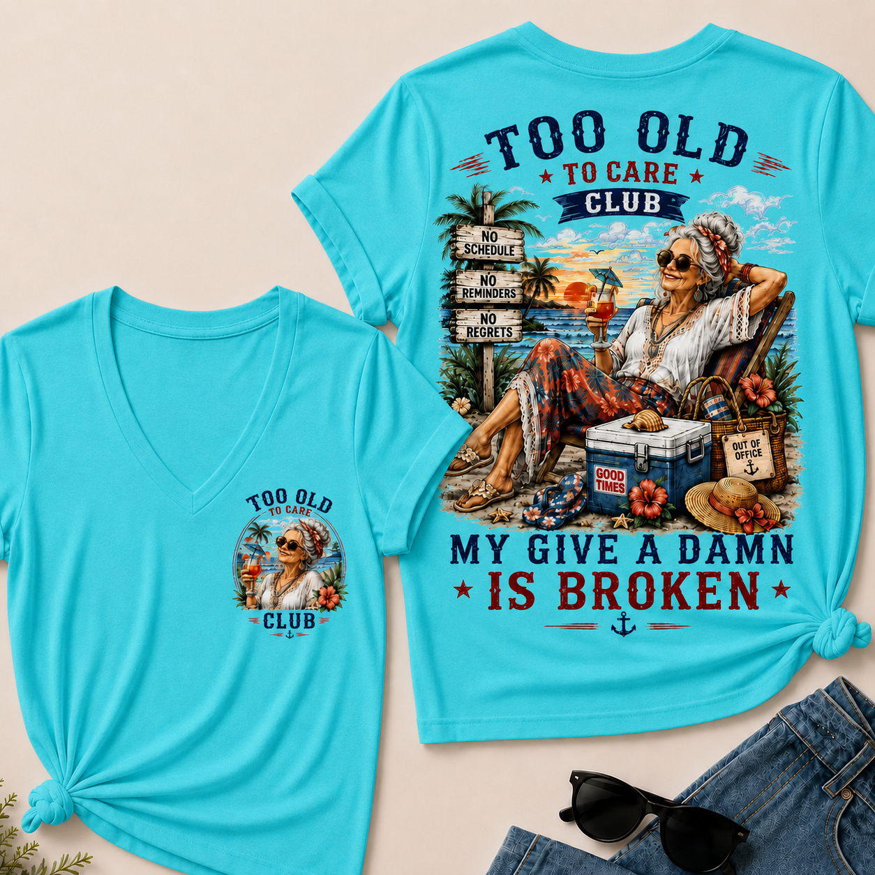Women's "Too Old to Care Club – Out of Office. Good Times Only."  V-Neck T-Shirt The Original · Oldsouldept