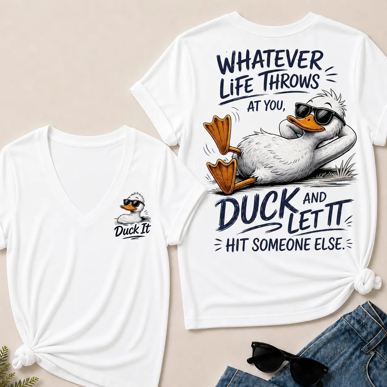 "Whatever Life Throws at You – Duck It" V-Neck Tee
