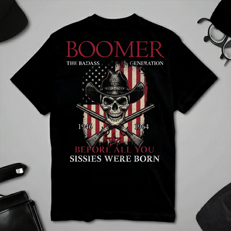 BOOMER: The Badass Generation T-Shirt, Boomer The Badass Generation Vintage Skull American Flag T-Shirt