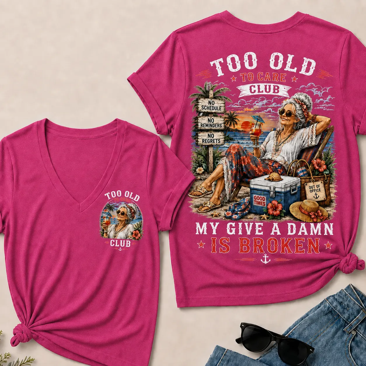 Women's "Too Old to Care Club – Out of Office. Good Times Only."  V-Neck T-Shirt The Original · Oldsouldept
