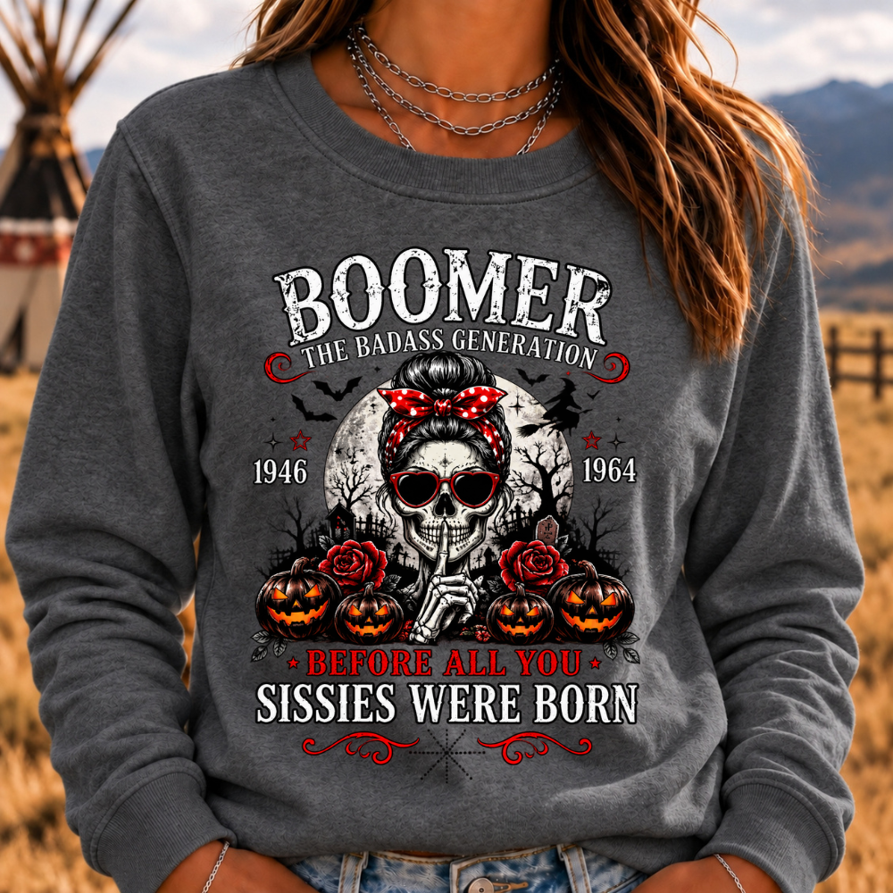 Boomer Badass Generation Halloween Crewneck Sweatshirt – 1946–1964 Skull & Pumpkin Graphic Pullover