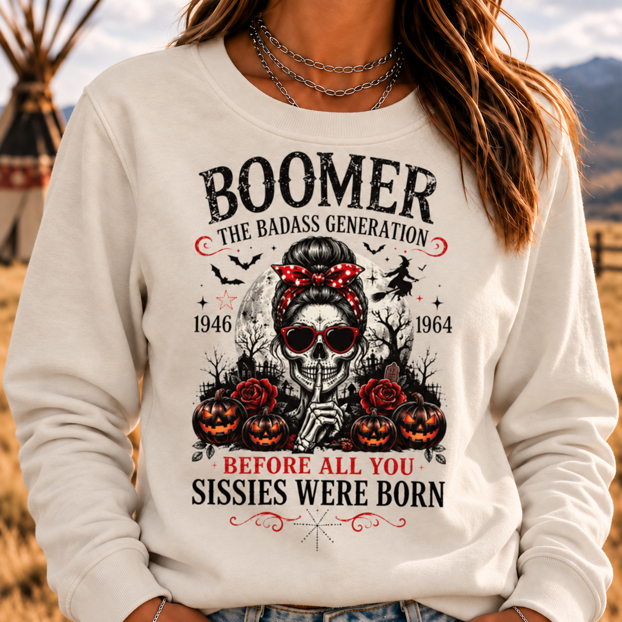 Boomer Badass Generation Halloween Crewneck Sweatshirt – 1946–1964 Skull & Pumpkin Graphic Pullover