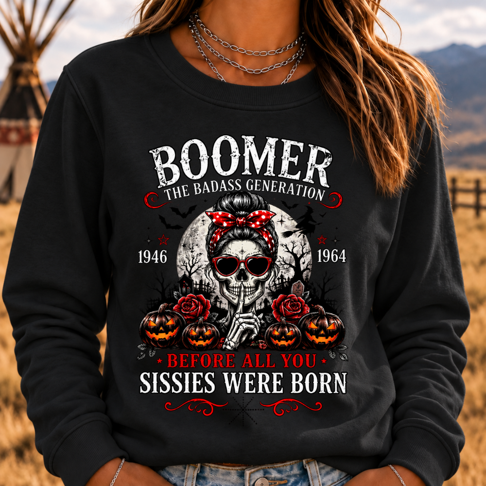 Boomer Badass Generation Halloween Crewneck Sweatshirt – 1946–1964 Skull & Pumpkin Graphic Pullover