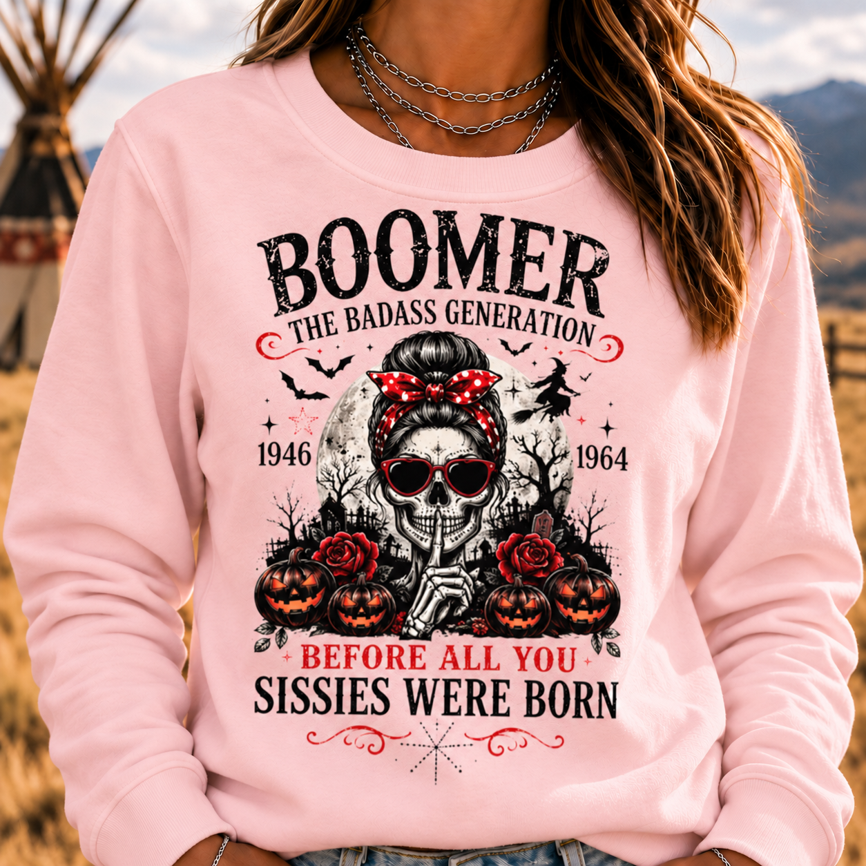 Boomer Badass Generation Halloween Crewneck Sweatshirt – 1946–1964 Skull & Pumpkin Graphic Pullover
