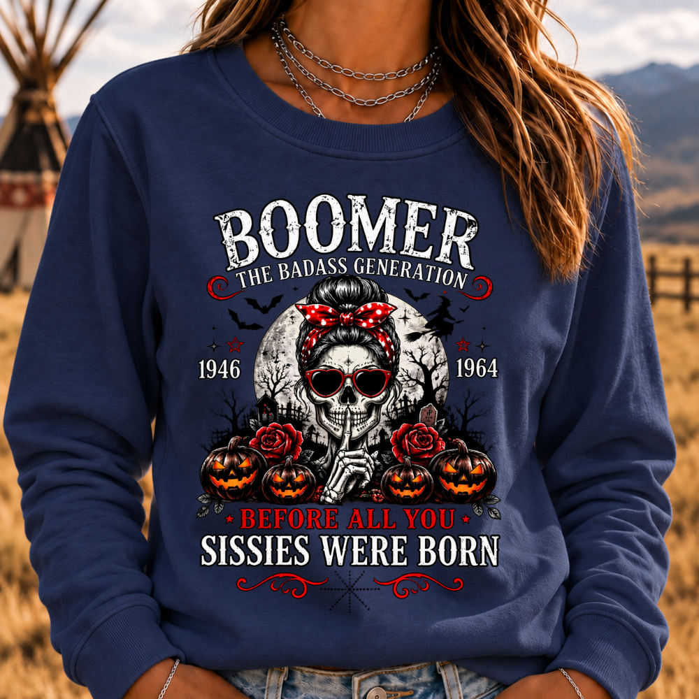 Boomer Badass Generation Halloween Crewneck Sweatshirt – 1946–1964 Skull & Pumpkin Graphic Pullover