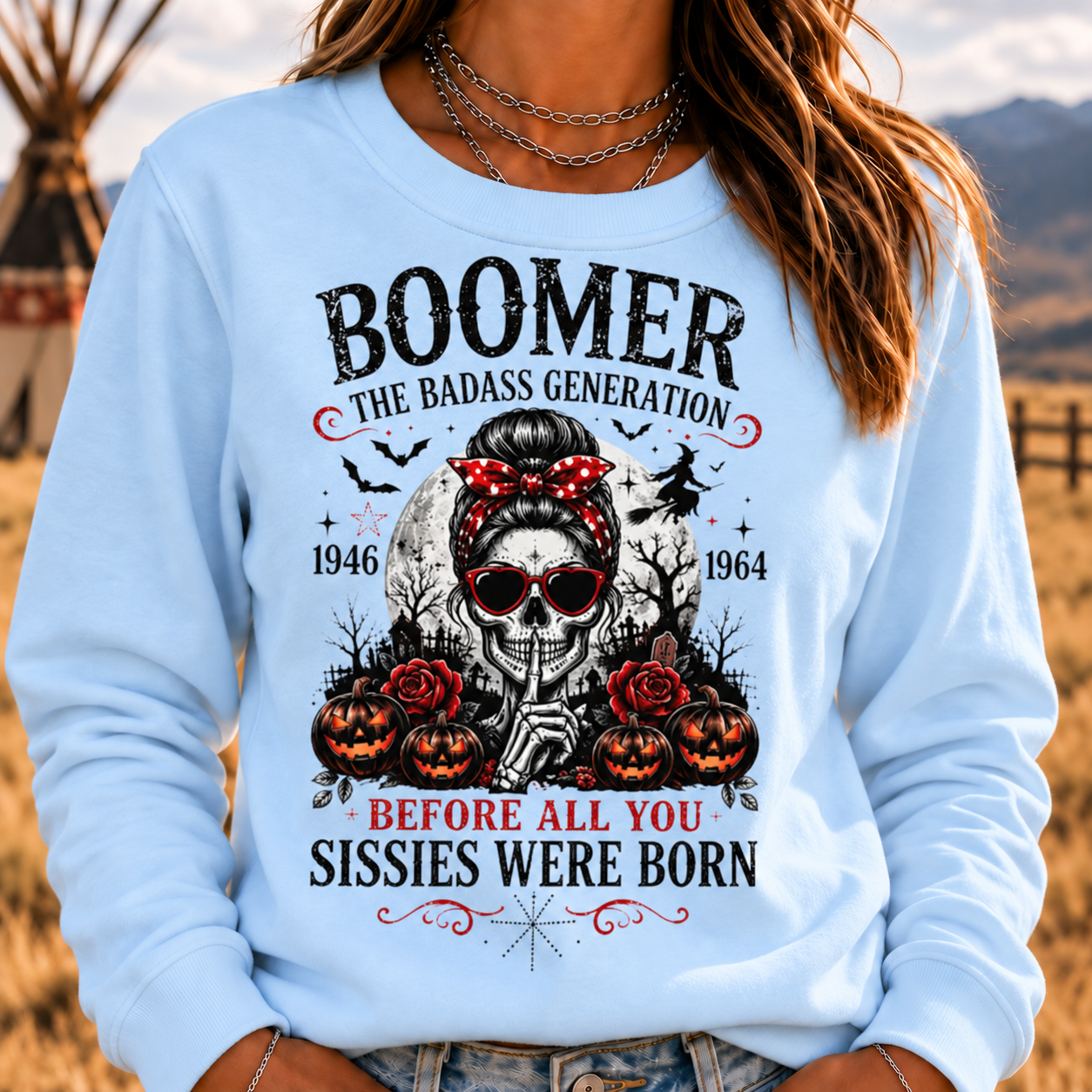 Boomer Badass Generation Halloween Crewneck Sweatshirt – 1946–1964 Skull & Pumpkin Graphic Pullover