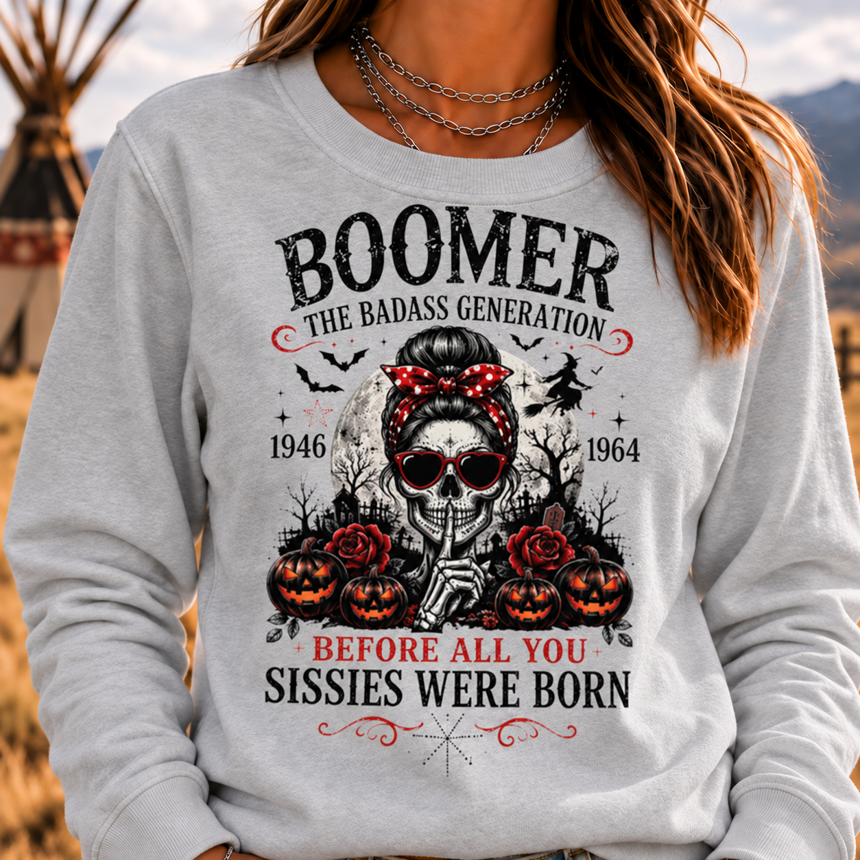 Boomer Badass Generation Halloween Crewneck Sweatshirt – 1946–1964 Skull & Pumpkin Graphic Pullover