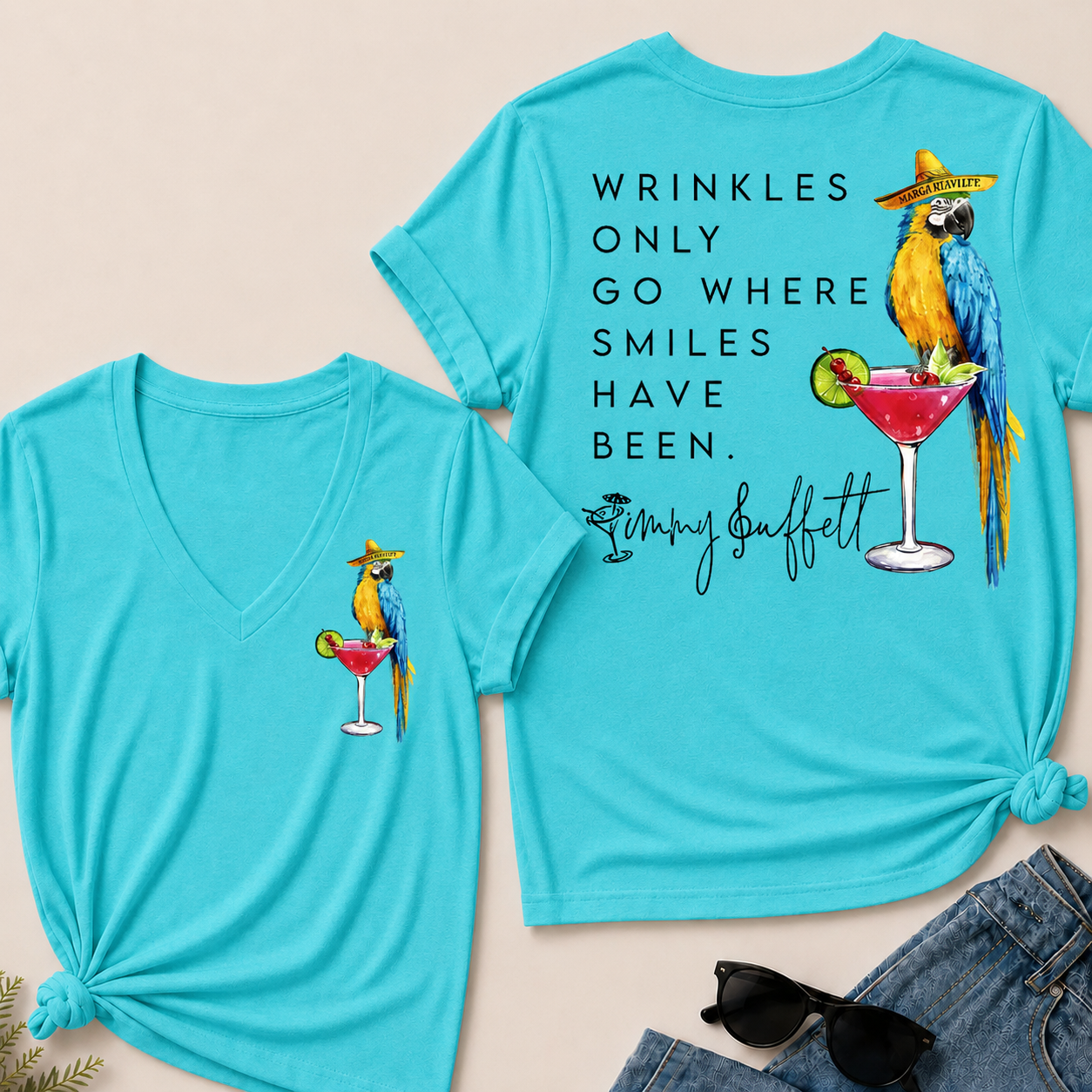 "Wrinkles Only Go Where Smiles Have Been" – Jimmy Buffett Tribute V-Neck Tee