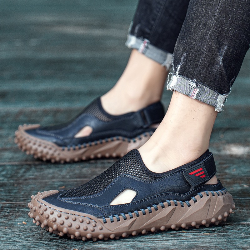 GARB Mens Genuine Leather Mesh Breathable Slip-on Sandals