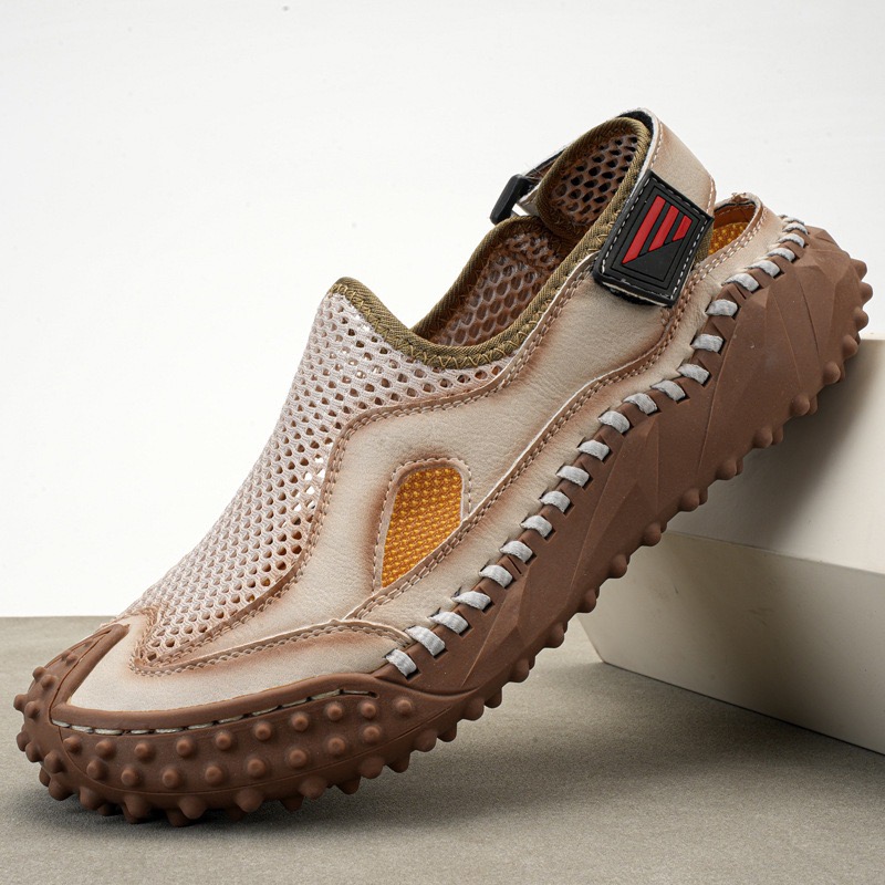 GARB Mens Genuine Leather Mesh Breathable Slip-on Sandals