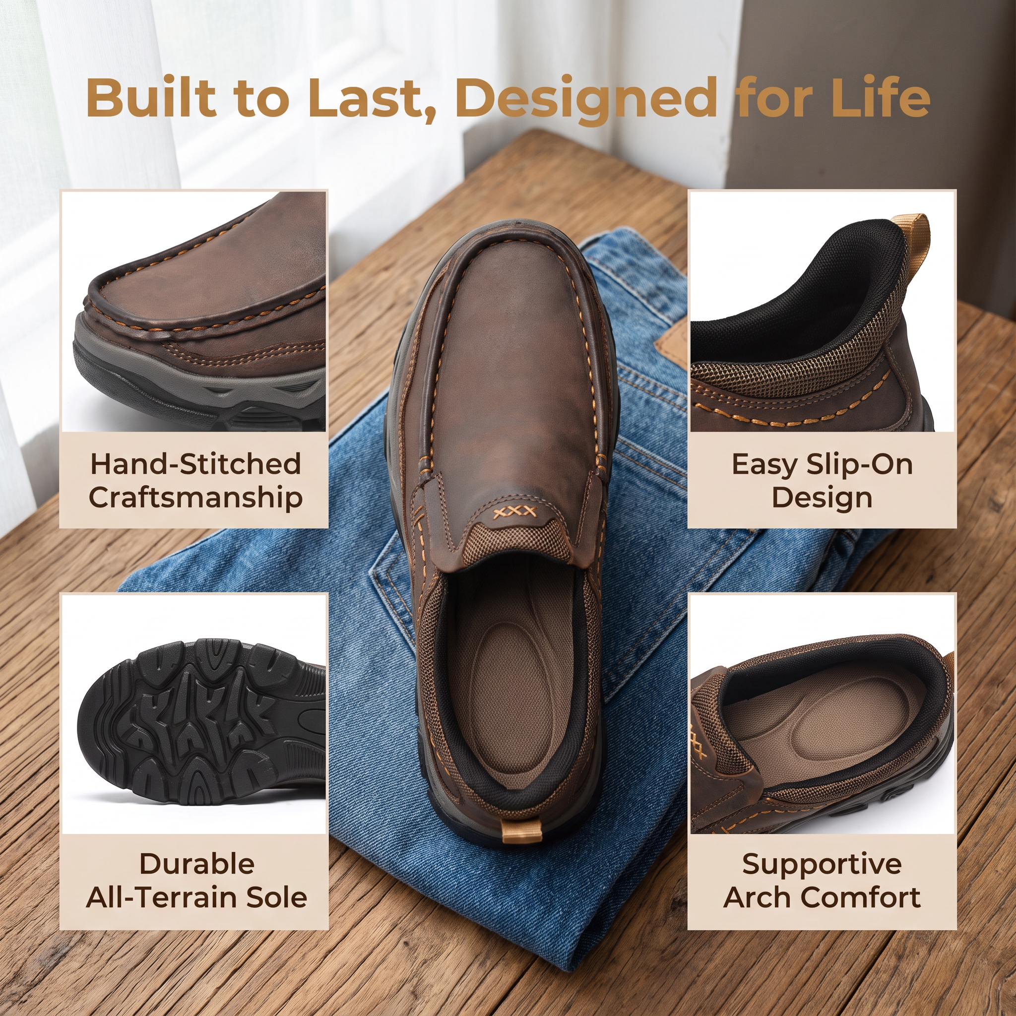 TREADVALE® Men’s Handmade Cowhide Slip-On Walking Shoes