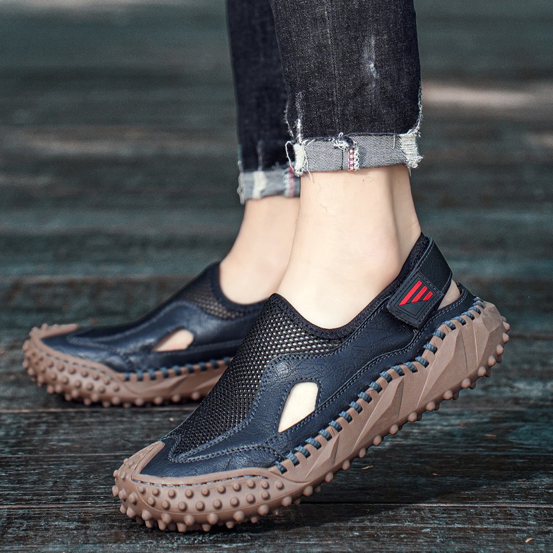 GARB Mens Genuine Leather Mesh Breathable Slip-on Sandals