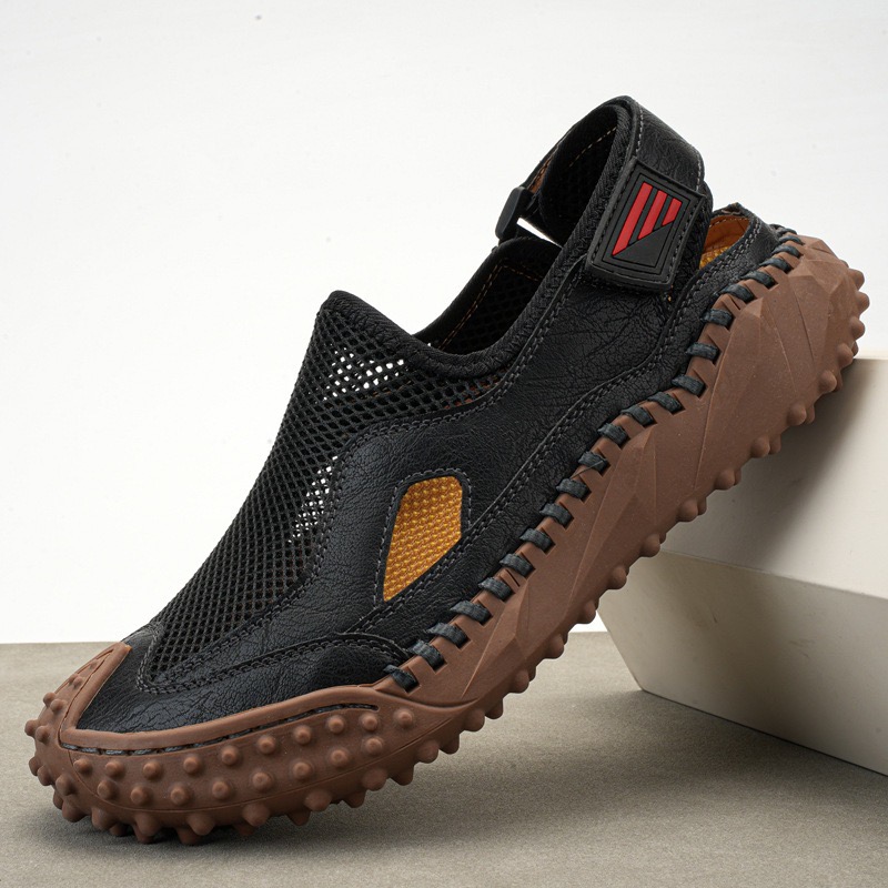 GARB Mens Genuine Leather Mesh Breathable Slip-on Sandals