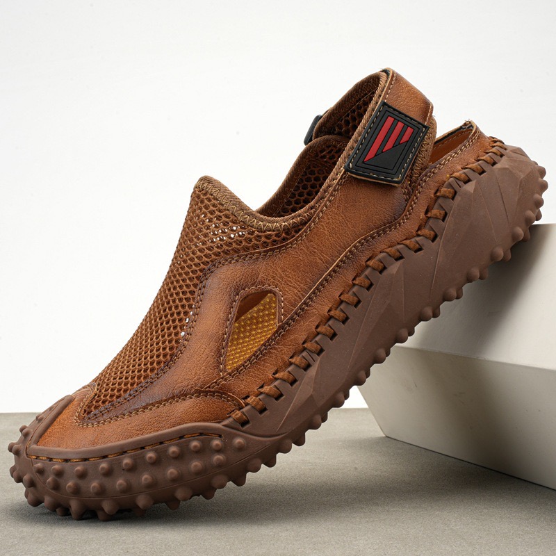 GARB Mens Genuine Leather Mesh Breathable Slip-on Sandals