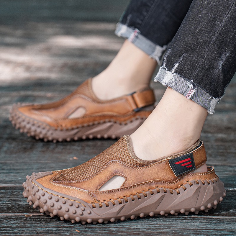 GARB Mens Genuine Leather Mesh Breathable Slip-on Sandals