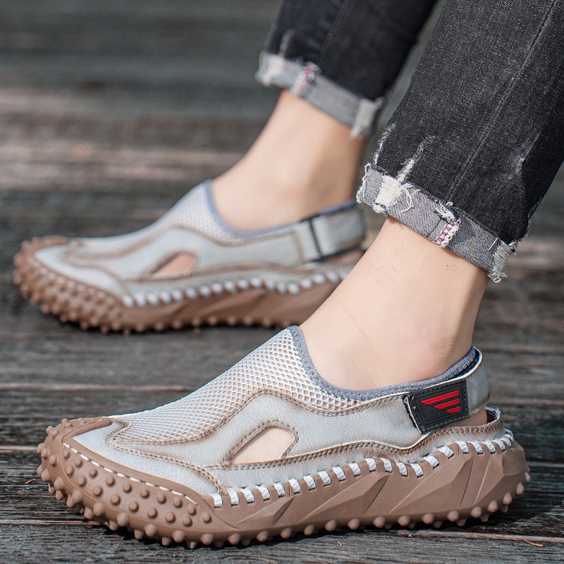 GARB Mens Genuine Leather Mesh Breathable Slip-on Sandals