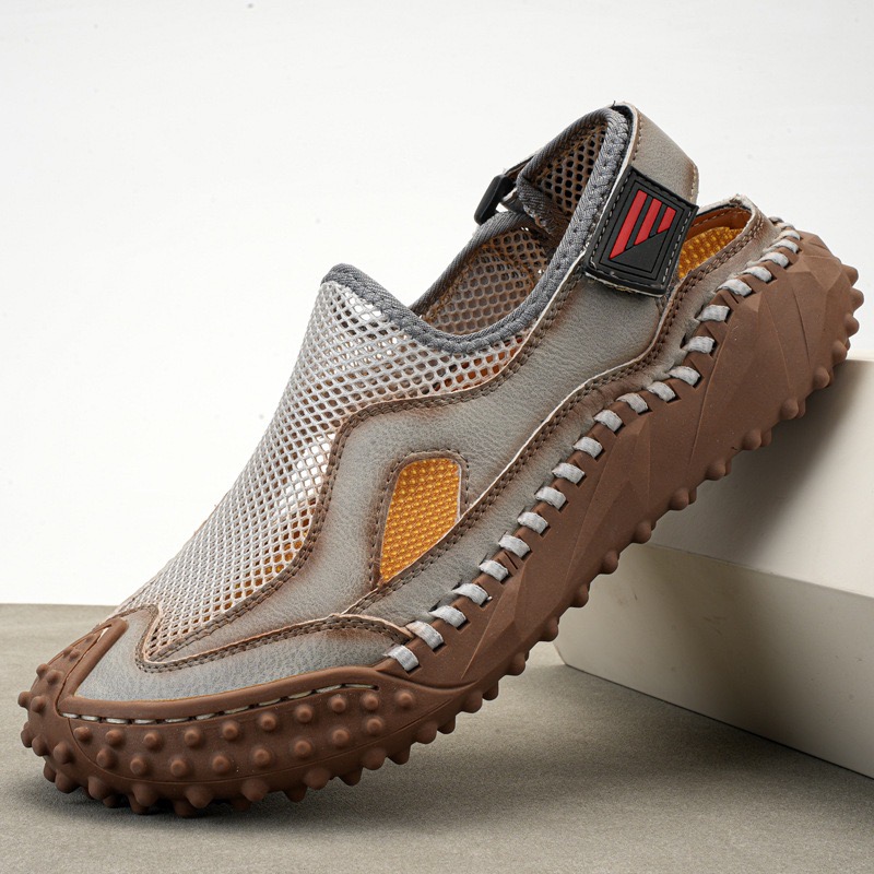 GARB Mens Genuine Leather Mesh Breathable Slip-on Sandals