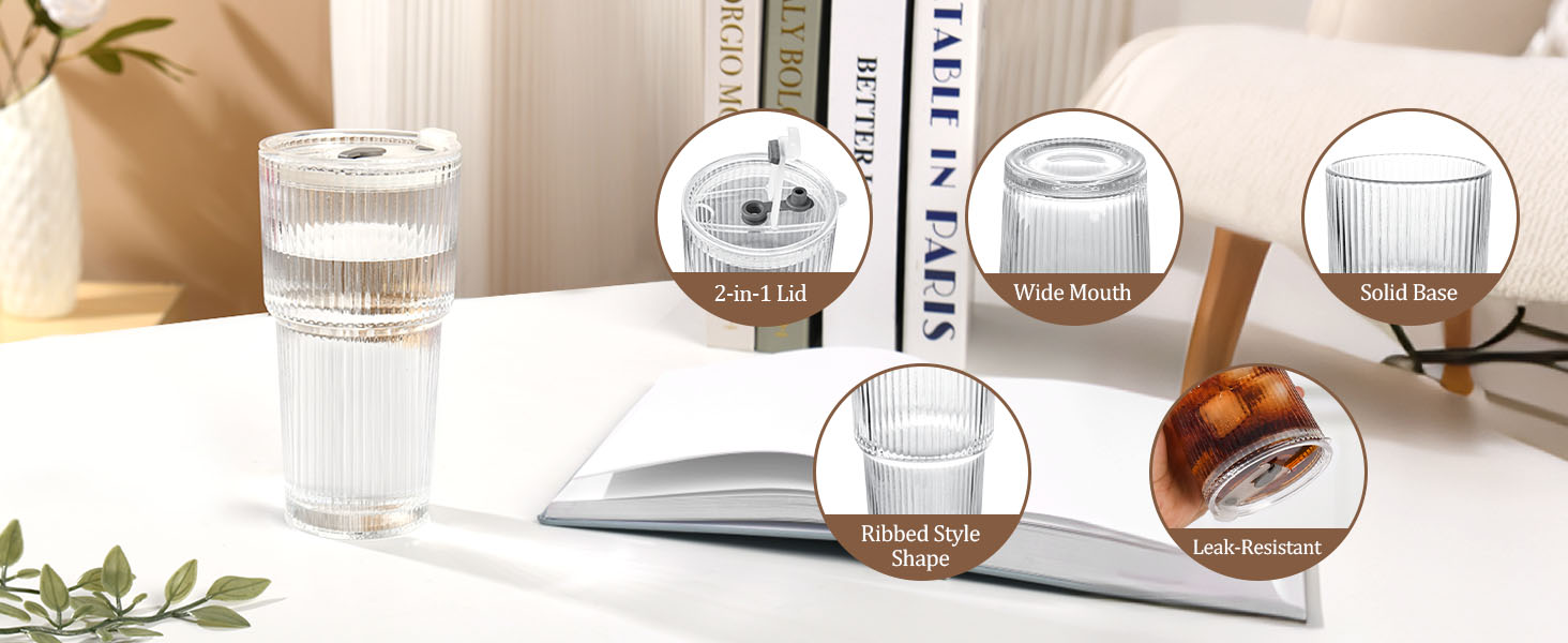 Transparent Cup: 2-in-1 Lid, Wide Mouth, Solid Base, Ribbed Style Shape, Leak-Resistant.