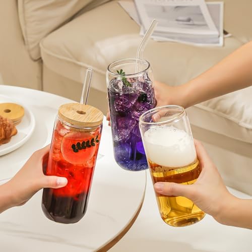 20 Oz Drinking Glasses - 8 Pcs Glass Cups with Bamboo Lids and Straws