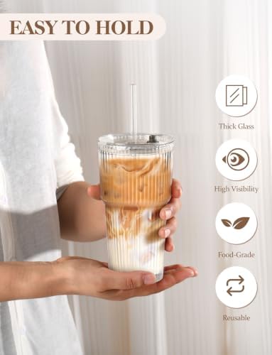 Amyoole 20 oz with Lids and Straws Ribbed Glass Cup Set of 4