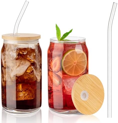 Glass Cups with Lids and Straws, 16 Oz - Set of 2 Reusable Iced Cold Coffee Tumblers - Clear Glass Bottle for Water with Bamboo Lids