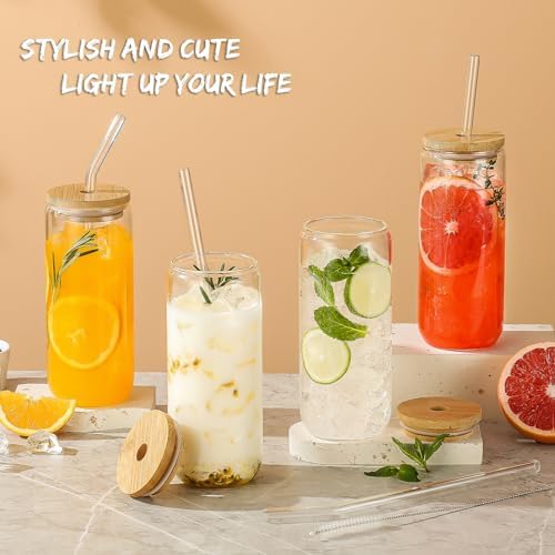20 Oz Drinking Glasses - 8 Pcs Glass Cups with Bamboo Lids and Straws