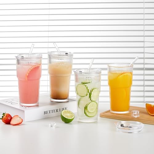 Wells 20oz Glass Cups with Lids and Straws, Ribbed Iced Coffee Cups, Thickened Drinking Glass Tumbler, Ideal for Coffee, Smoothies, Cocktails