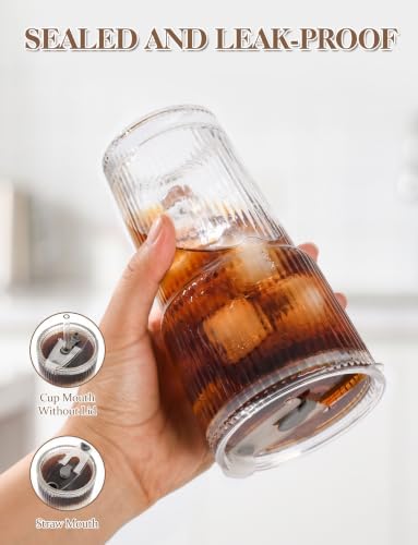 Amyoole 20 oz with Lids and Straws Ribbed Glass Cup Set of 4