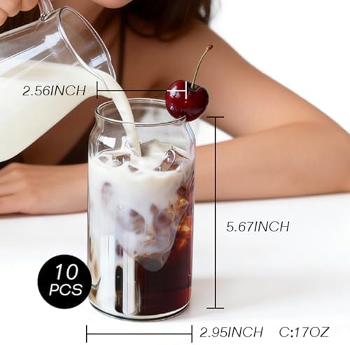 Etolies Drinking Glasses Set of 10, 17oz Can Shaped Glass Cups, Clear Highball Glasses, Cute Coffee Tumbler Glass, Ideal for Cocktails, Iced Coffee