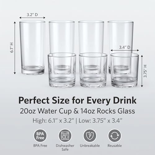 Meolibour® Acrylic Drinking Glasses Set of 8, 14oz Rocks & 20oz Water Cups, Unbreakable Plastic Drinkware, Clear Kitchen Tumblers for Home Outdoors