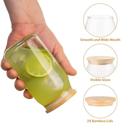 Glass Cups with Lids and Straws, 16 Oz - Set of 2 Reusable Iced Cold Coffee Tumblers - Clear Glass Bottle for Water with Bamboo Lids