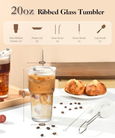 Amyoole 20 oz with Lids and Straws Ribbed Glass Cup Set of 4