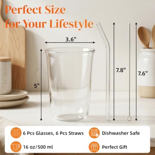 6 Pieces Drinking Glasses with Straw, 16 Oz Clear Water Glass Set