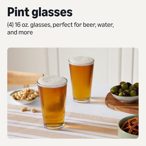 Amazon Basics Pint Glasses Set Of 4, 16 Oz Thick Clear Beer Drinking Glass, for Home Bar & Entertaining, Dishwasher-Safe