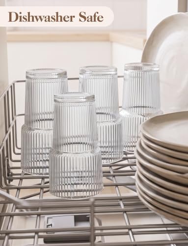 Amyoole 20 oz with Lids and Straws Ribbed Glass Cup Set of 4