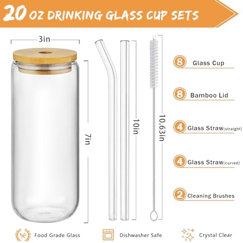 20 Oz Drinking Glasses - 8 Pcs Glass Cups with Bamboo Lids and Straws