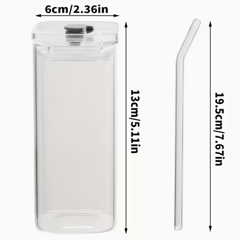 4Pcs 12oz Square Borosilicate Glass Cups with Lids BPA Free, Coffee Water Glass Tumblers with Brush